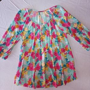 Floral Boho Blouse Tied Keyhole Neck Peasant